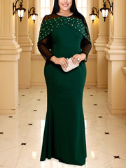Plus Size Beaded Mesh Bodycon Dress Long Sleeve Maxi Party Evening Wear