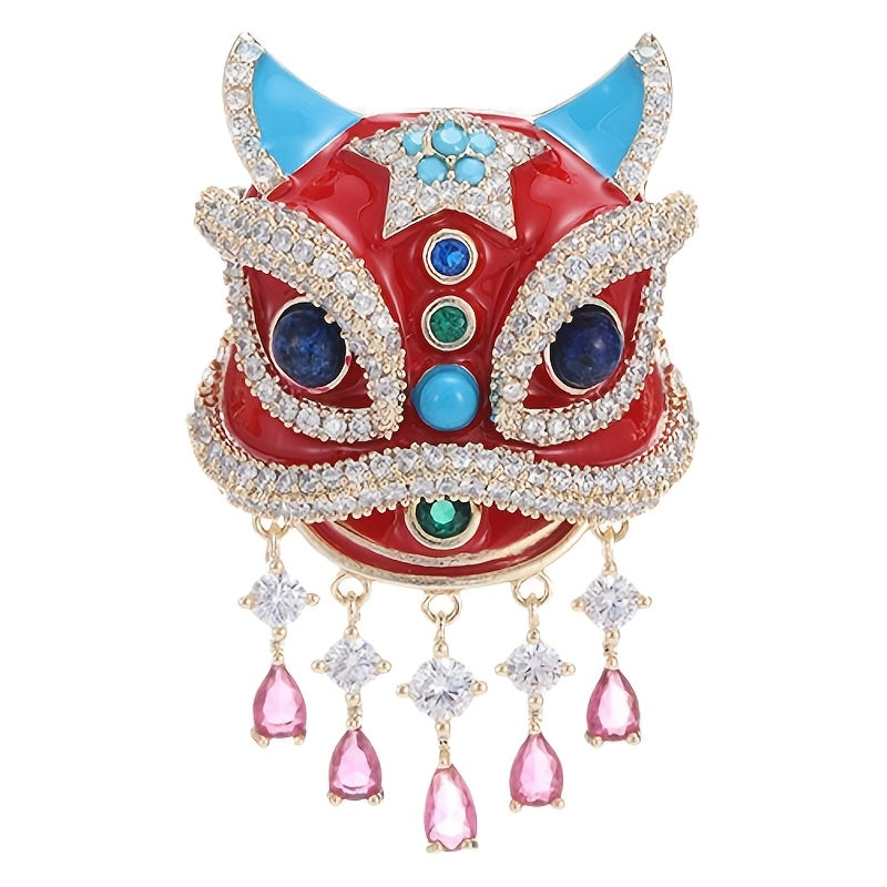 Vintage Chinese Lion Brooch with Glass Rhinestones Animal Lapel Pin Jewelry