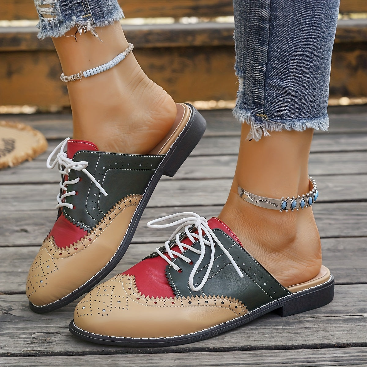 Women Flat Mules Slip-On Shoes Color-Block Comfortable Stylish