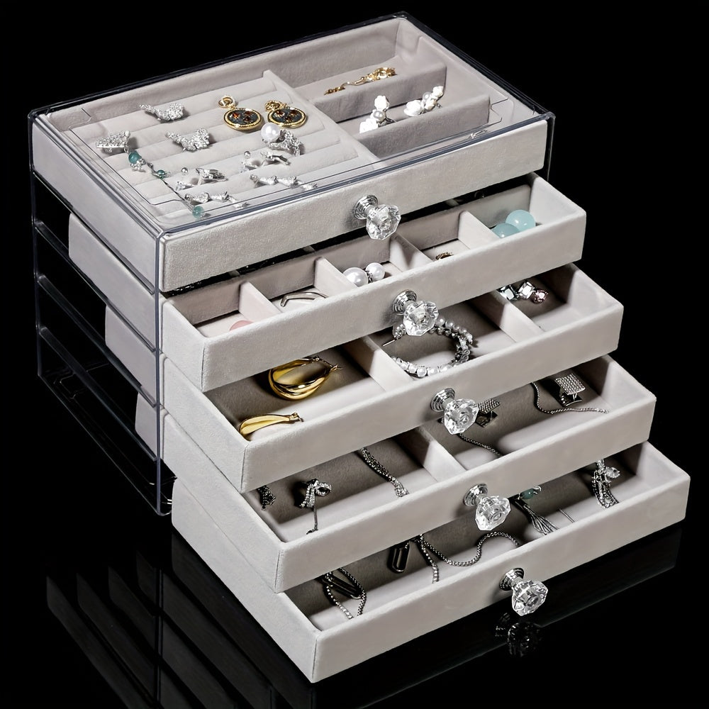 Beş qatlamli zargarlik qutisi, uzuklar, sirg‘alar, taqinchoqlar va soatlar uchun choyshabli plastmassa saqlash qutisi