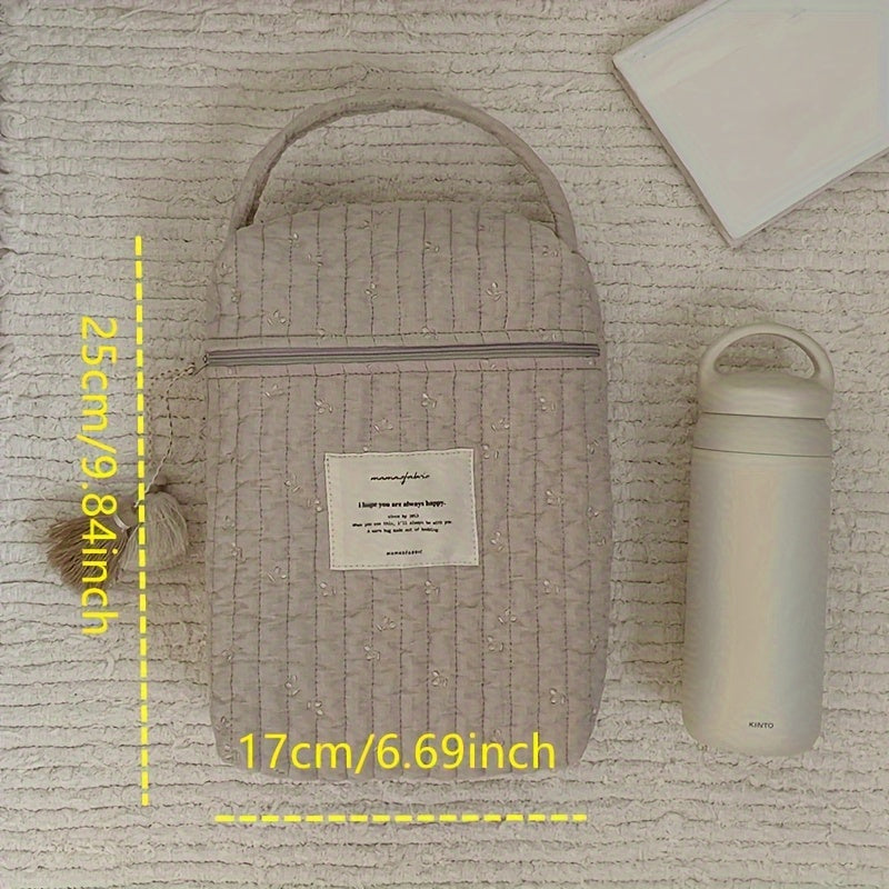 Khaki Embroidered Diaper Bag with Zipper for On-the-Go Stroller Hanging Cotton Handbag