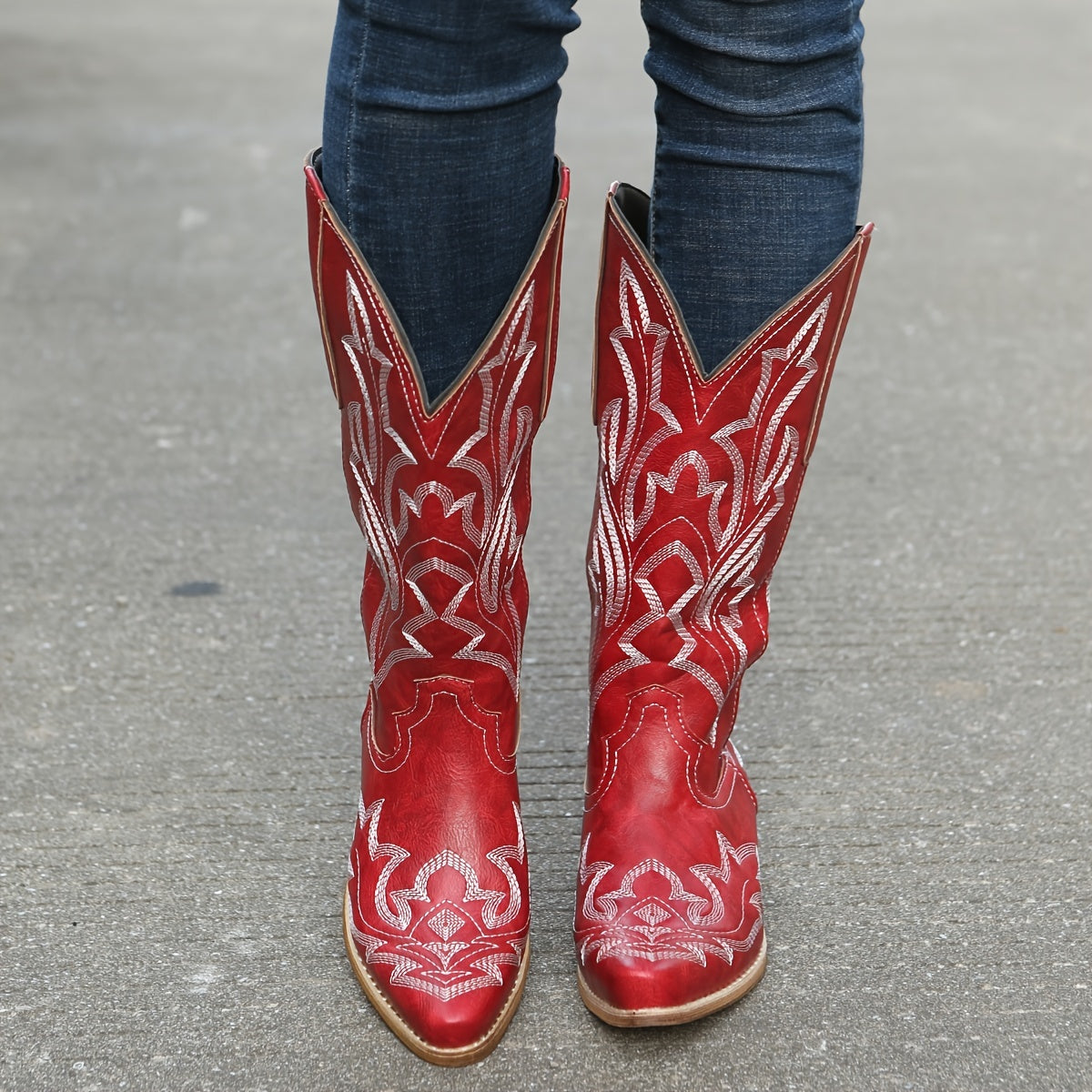 Women's Mid Calf Leather Western Cowboy Boots With Embroidery