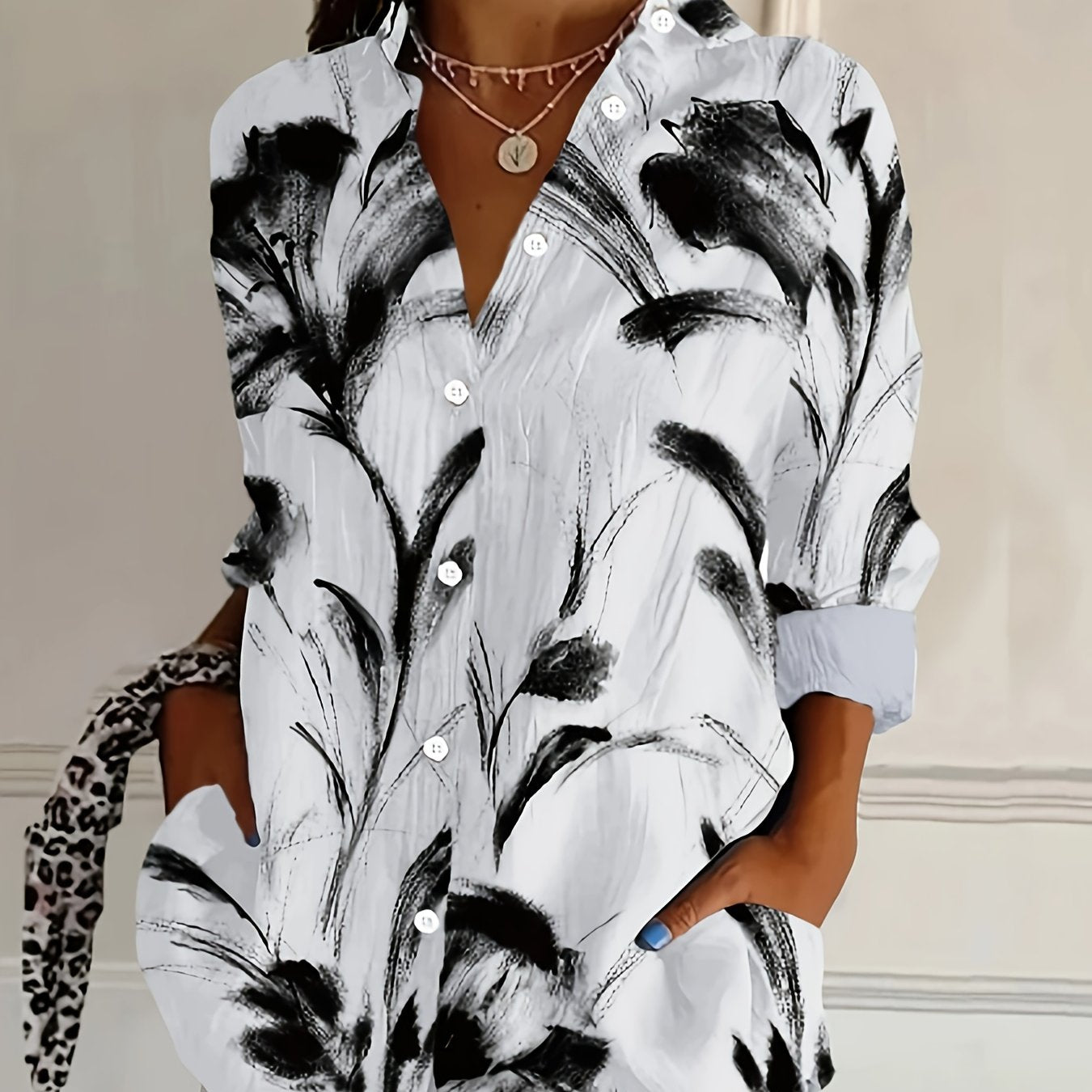 Plus Size Women's Floral Print Long Sleeve Shirt Light Blue Black Casual Blouse