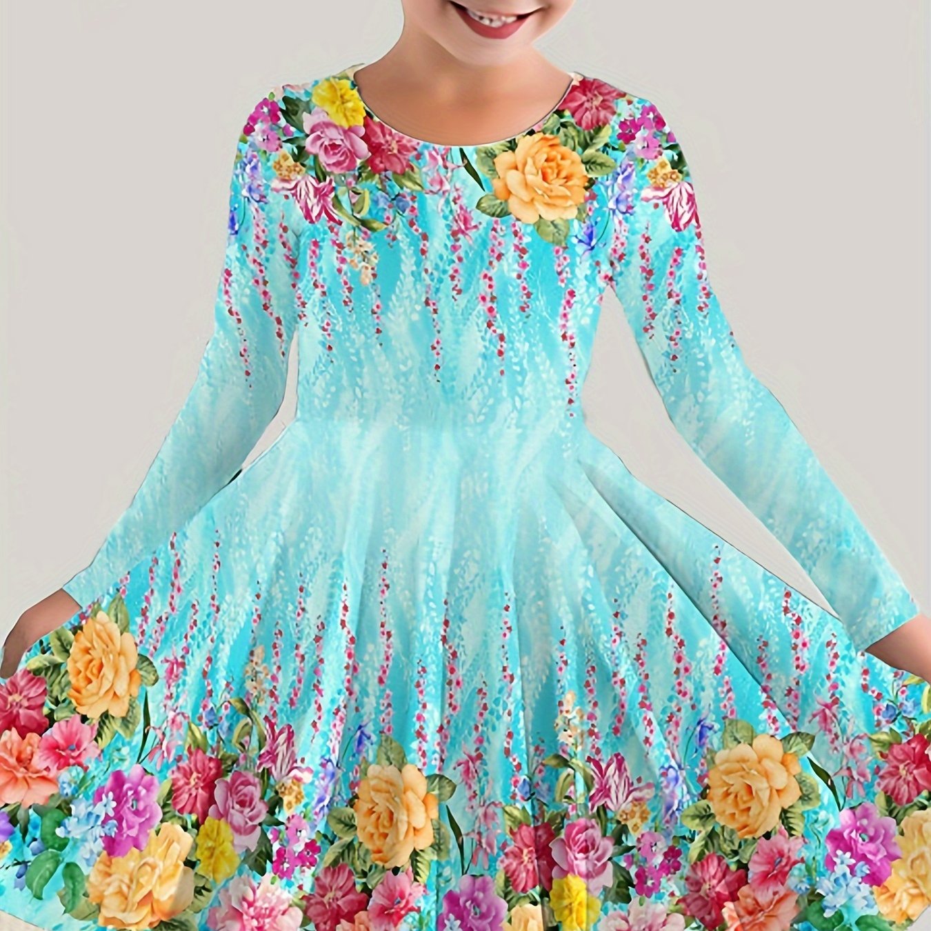 Girls' Long Sleeve Dress with Bright Floral Print, Stretchy Polyester, Fall Winter