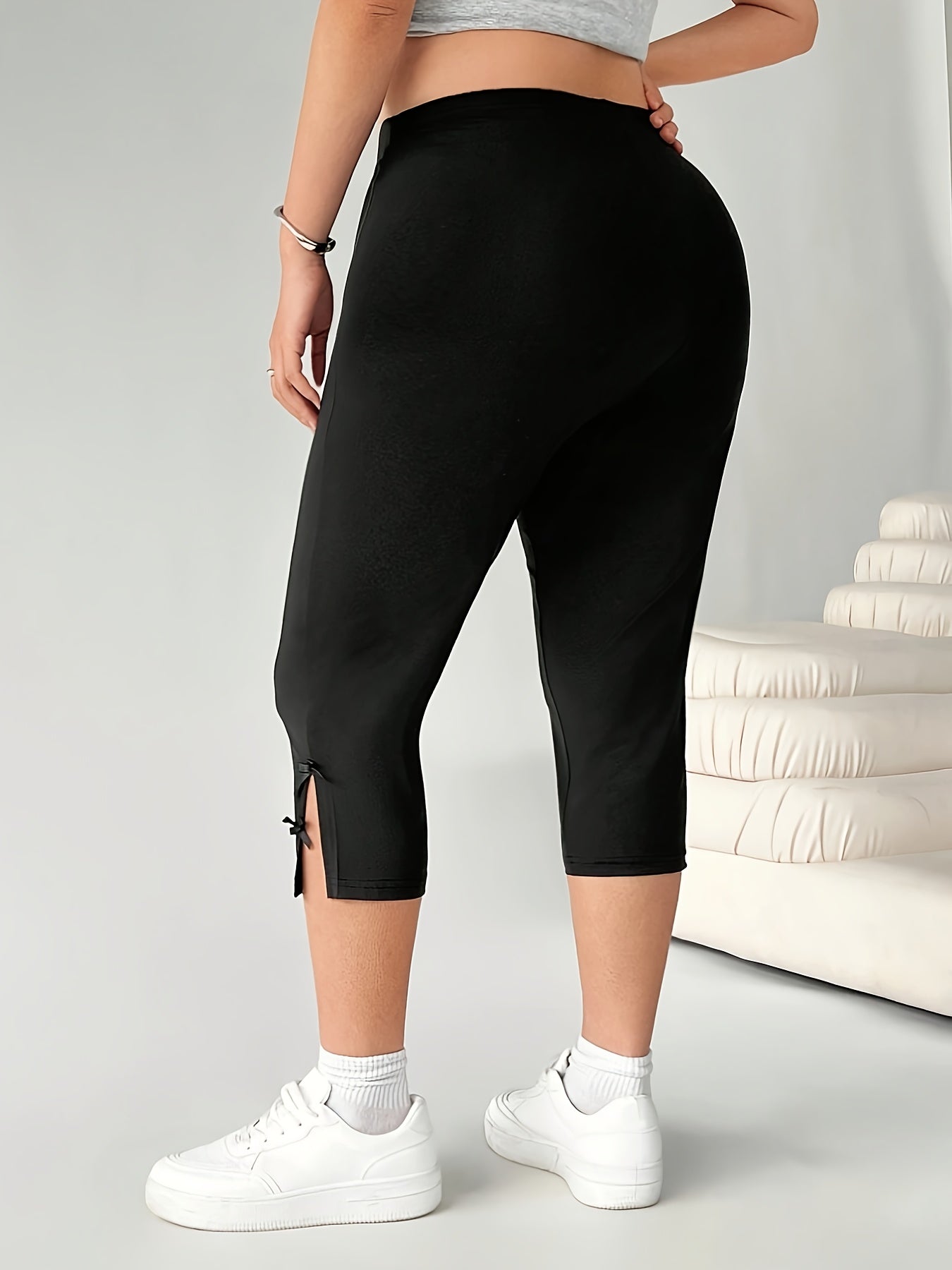 Leggings de mujer de talla plus de capri de cintura alta de 3/4 de longitud beige elásticos