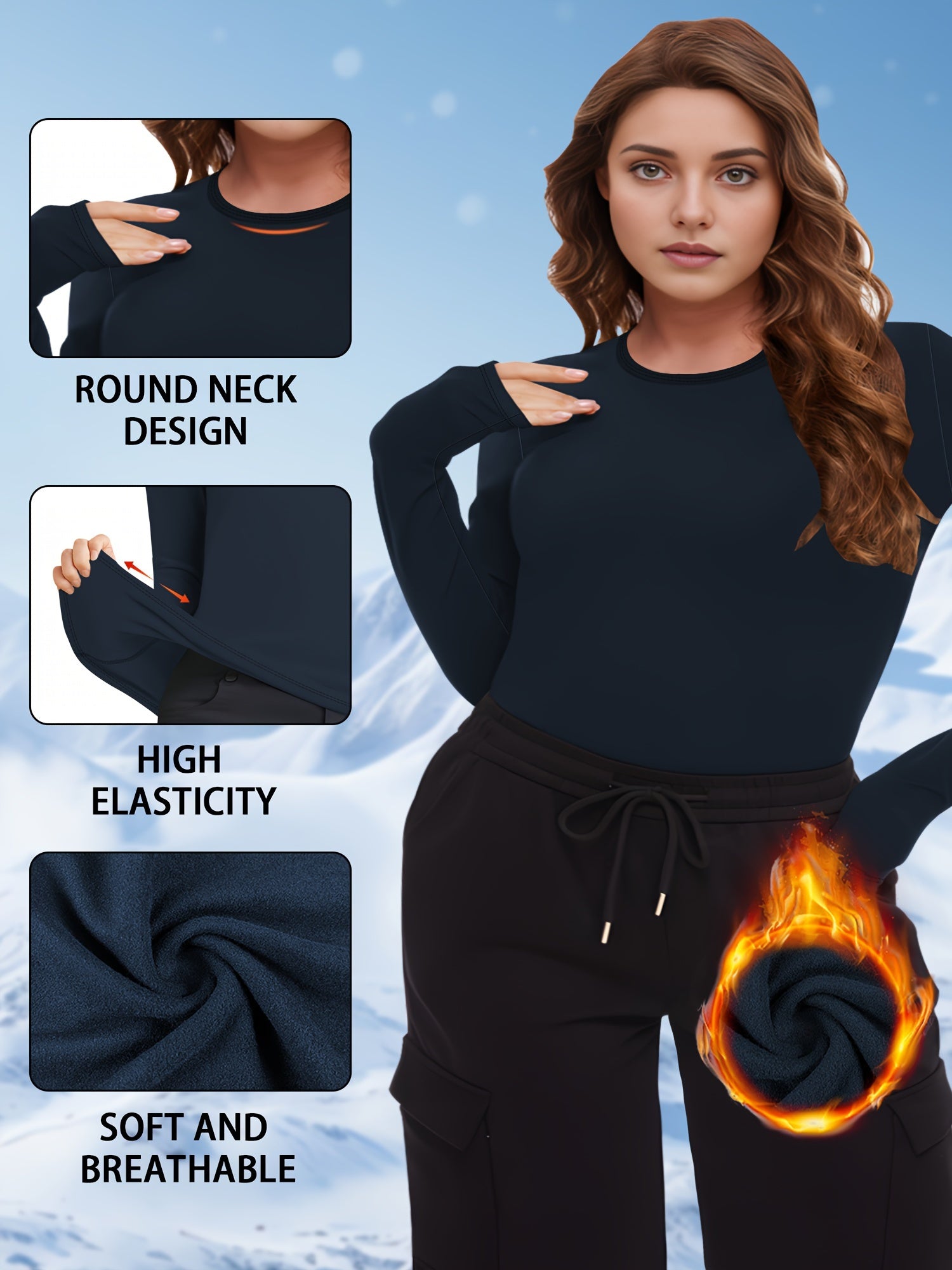 Plus Size Women's Wool-Lined Brushed Long Sleeve Thermal Top Solid Warm Underwear