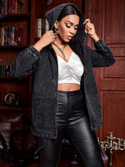 Women's Black Denim Hooded Jacket Zip-Up Drop Shoulder Long Sleeve Pullover