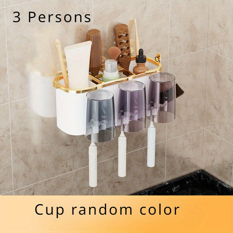 Wall-Mounted Plastic Toothbrush Holder with Rinse Tumbler Set Self-Adhesive Family Pack for Electric Toothbrushes