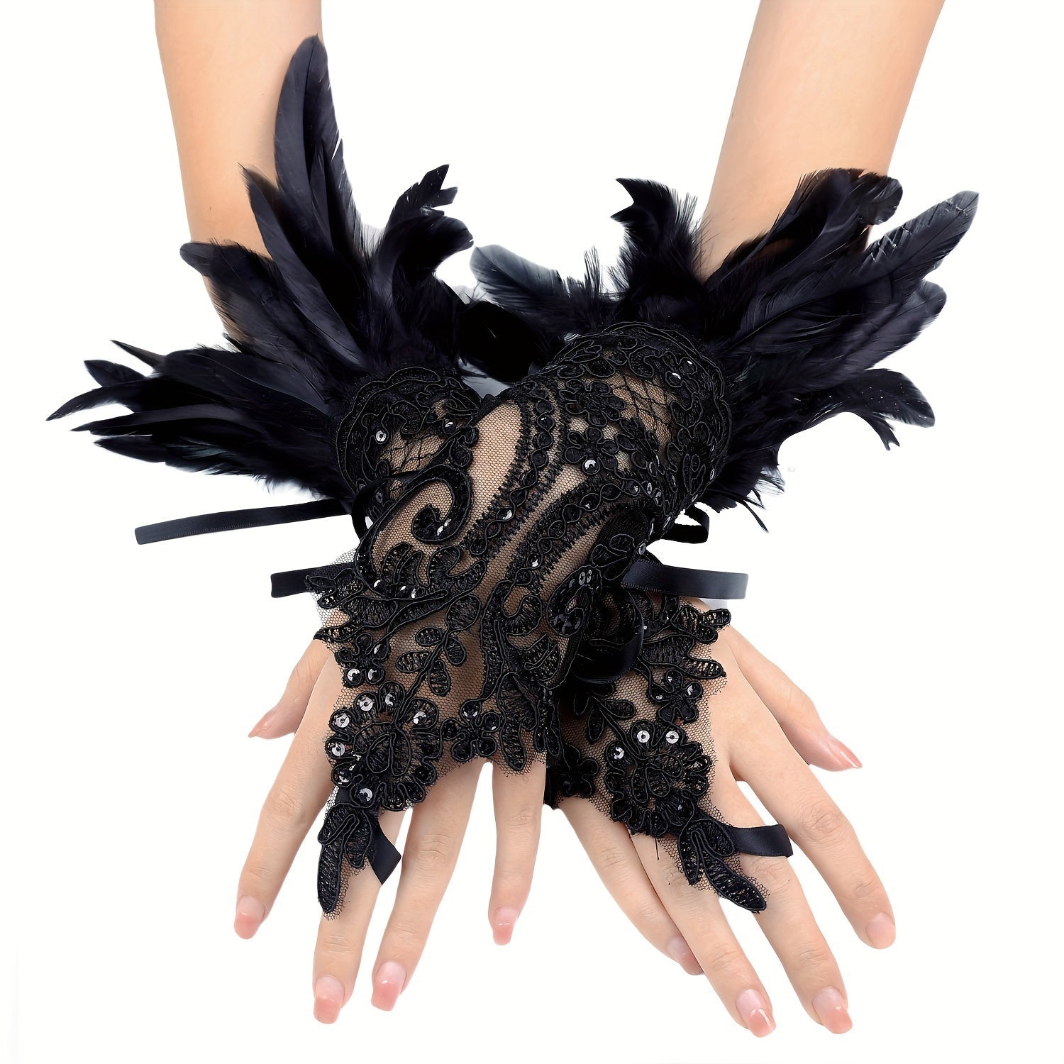 Gothic Lace Gloves with Faux Feathers Sequins and Lace-Up Hooks for Halloween