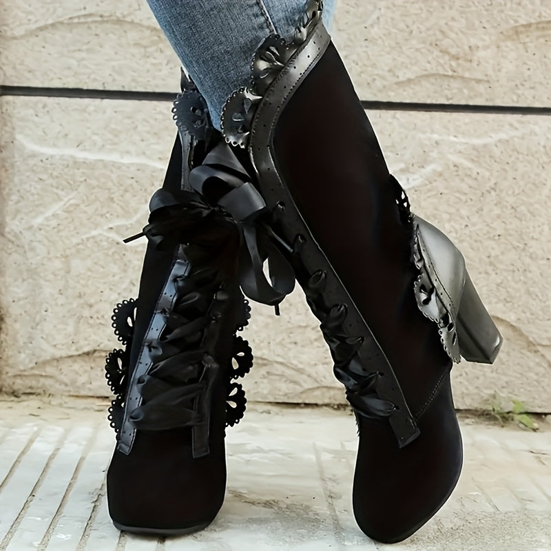 Women's Ankle Boots Lace-Up Black Fabric Mid-Heel Casual Stylish