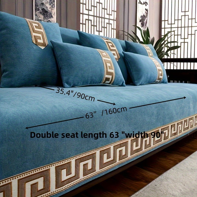 1 dona Ultra-Yumshoq Chenille Divan Qoplamasi Geometrik Jacquard Dizayni bilan - Zamonaviy Bohem uslubi, Hayvonlar uchun qulay, Sirpanmaydigan, Oson tozalanadigan, Aralash ranglar va Oltin aksentlar bilan - Uy uchun ideal va