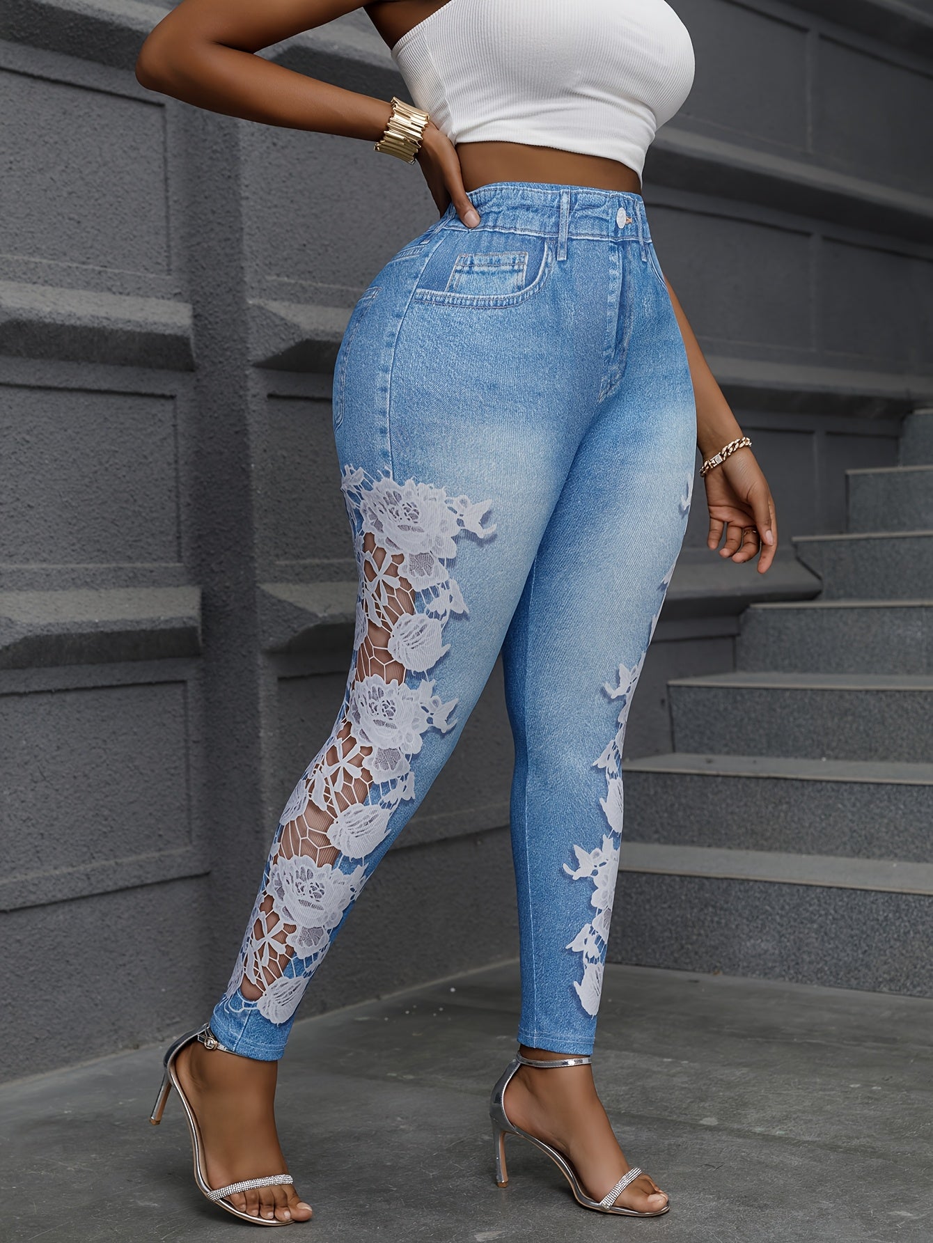Plus Size Women's High-Waisted Skinny Pants with Floral Lace Cut-Outs Joggers
