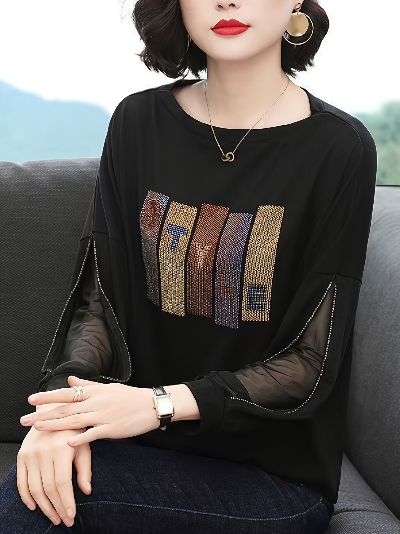 Women's Rhinestone Embellished Loose Fit Blouse with Letter Pattern Polyester Knit Mesh Panels Spring Fall