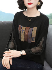 Women's Rhinestone Embellished Loose Fit Blouse with Letter Pattern Polyester Knit Mesh Panels Spring Fall