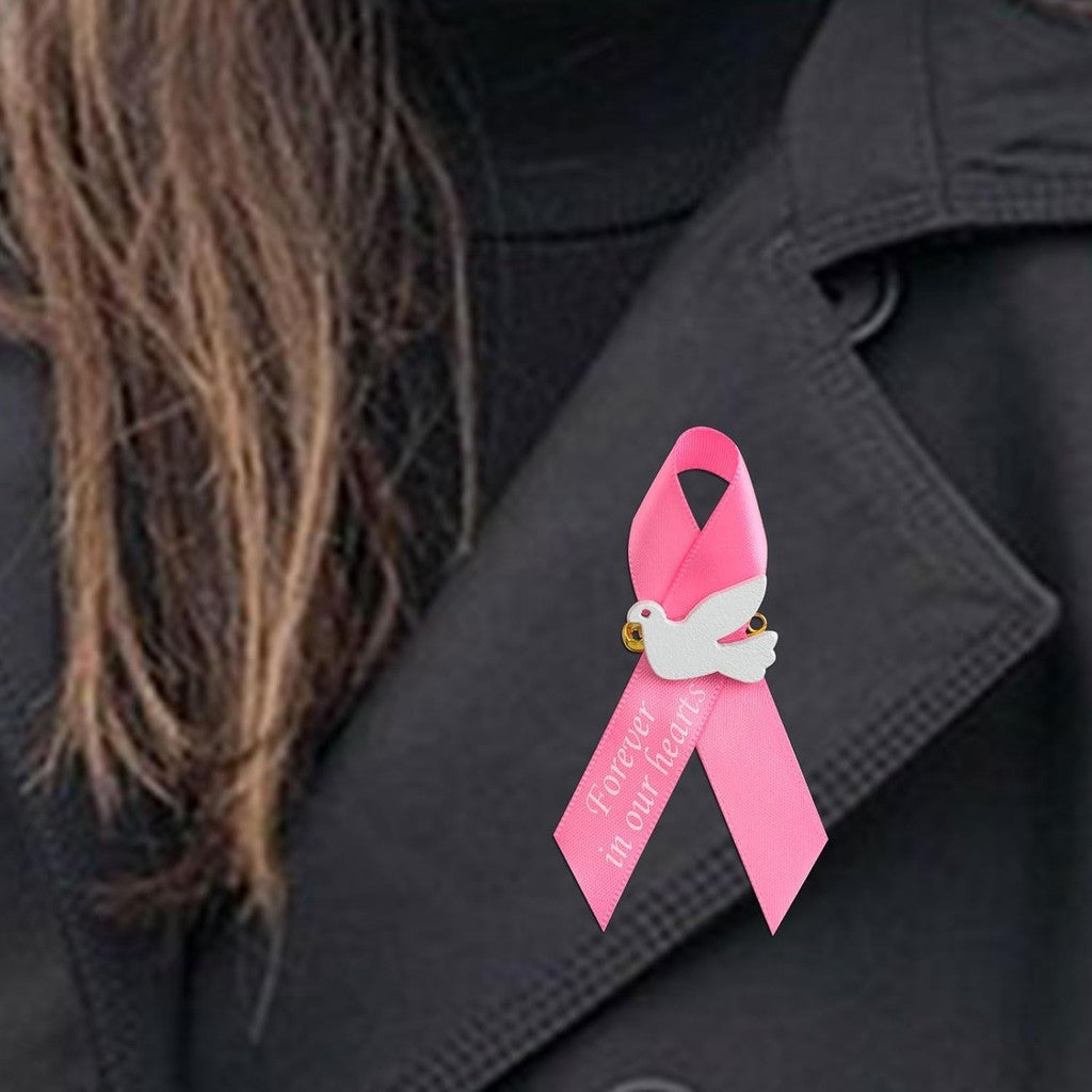 Pink Satin Ribbon Pins with Dove and "Forever in Our Hearts" Memorial Brooches