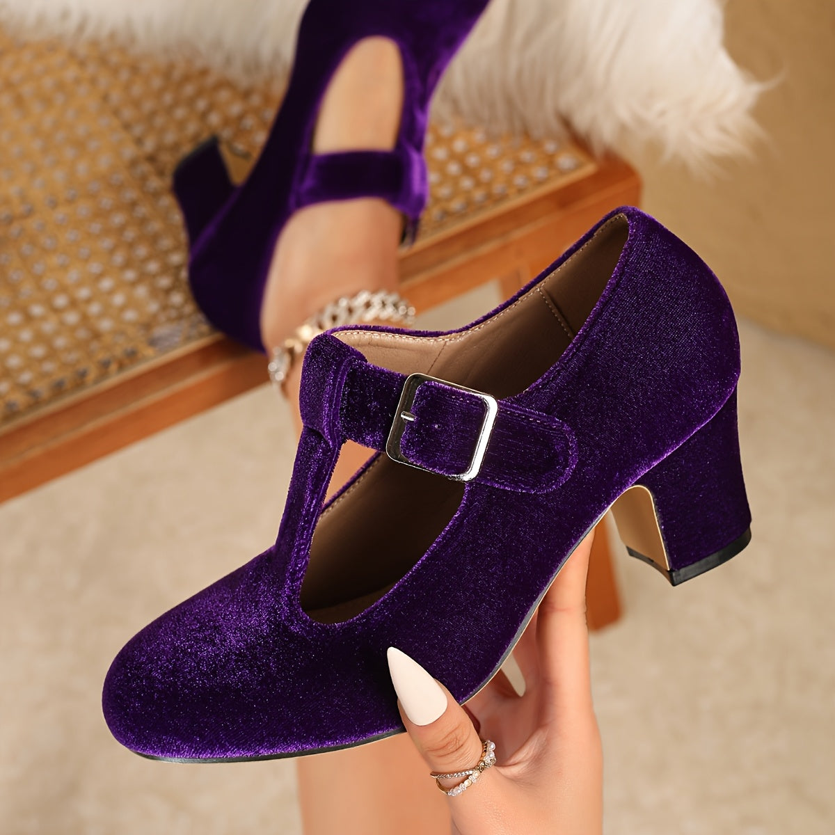 Women's Velvet Mary Jane Pumps with Ankle Strap and Round Toe