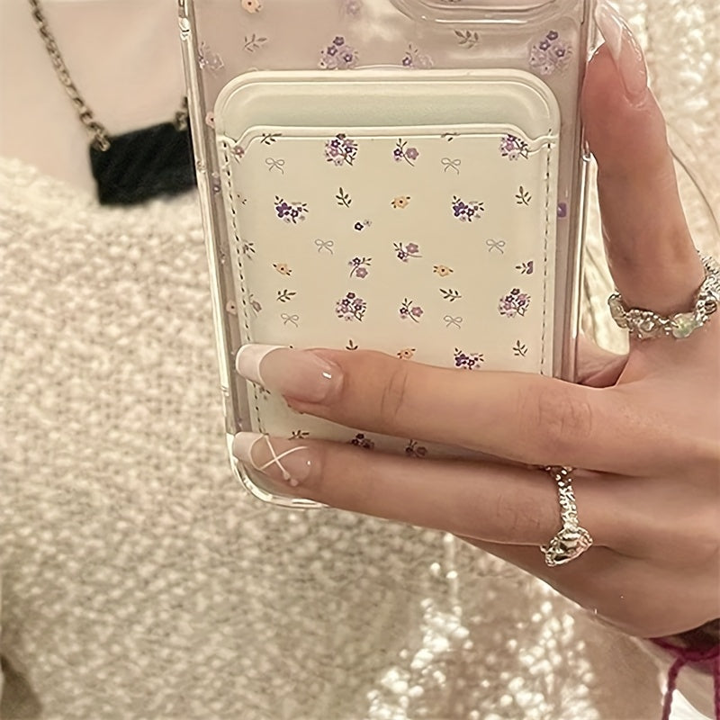 Purple Floral Pattern Magnetic Phone Case with Bow Design and Card Holder in TPU