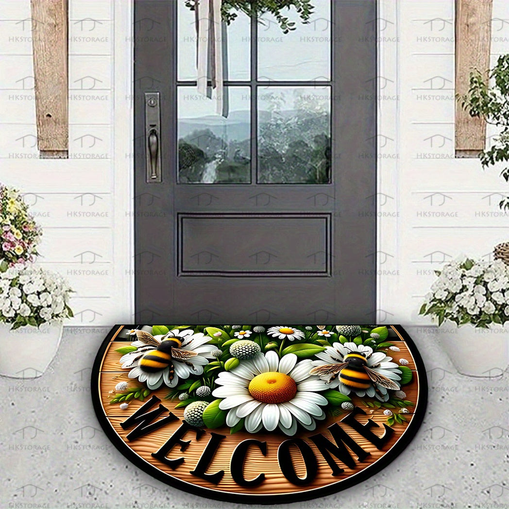 Bee and Floral Welcome Mat Semi-Circular Indoor Outdoor Durable Polyester Washable