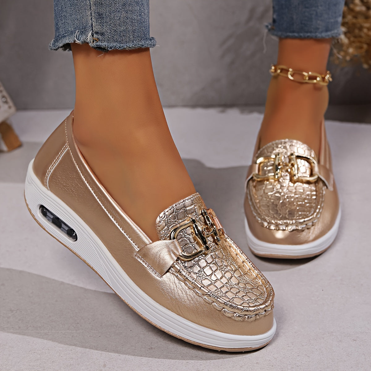 Women Glitter Loafers Leather Casual Sneakers Metallic Silver Gold Black