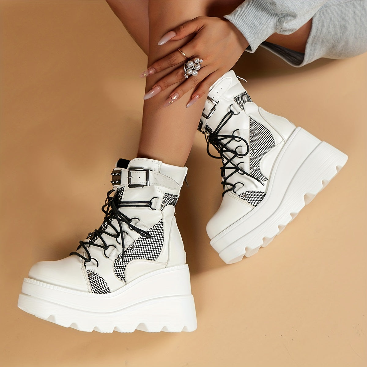 Women's Platform Punk Style Lace Up Boots with Zipper in Solid Color