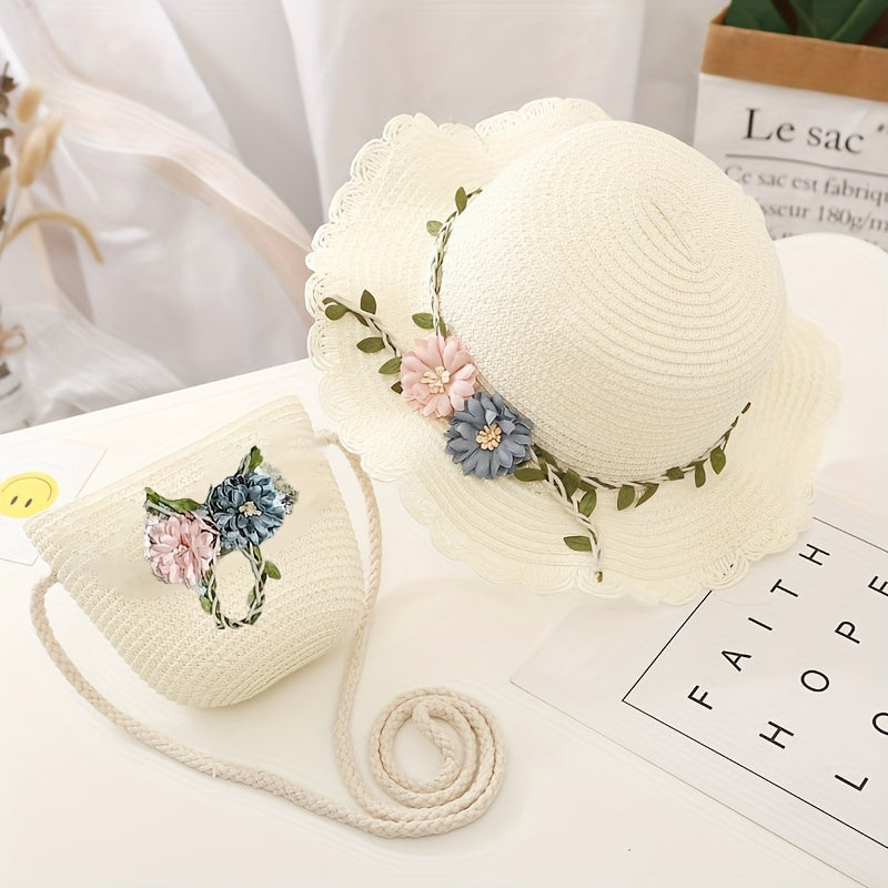 Girls' Straw Hat and Bag Set for Kids with Lace-Trim Flowers Beige Summer Outdoor Beach Vacation