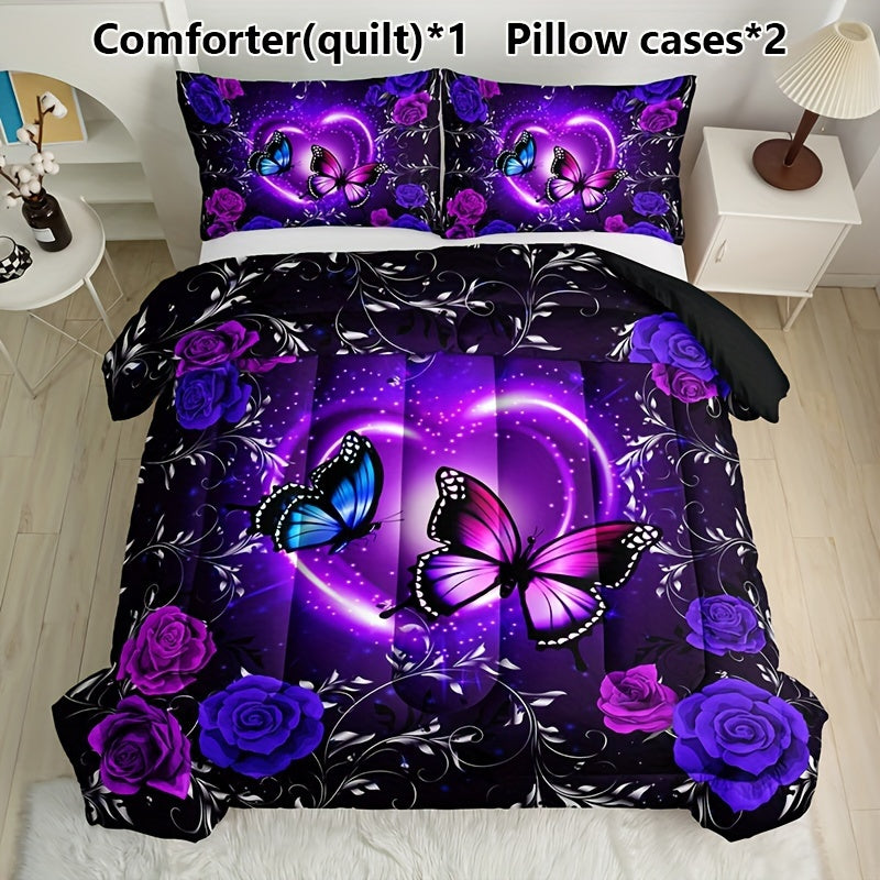 Set of 3 Purple Butterfly Floral Quilt Bedding Set with Pillowcases All Season Soft Breathable