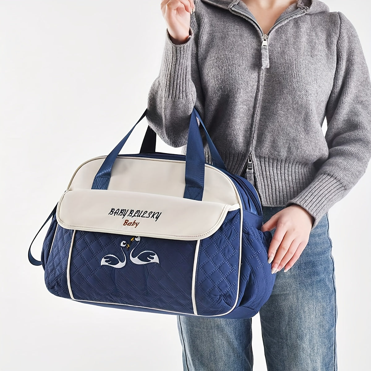 Large Capacity Embroidered Crossbody Mommy Bag with Zipper Stylish Multi-functional Shoulder Bag