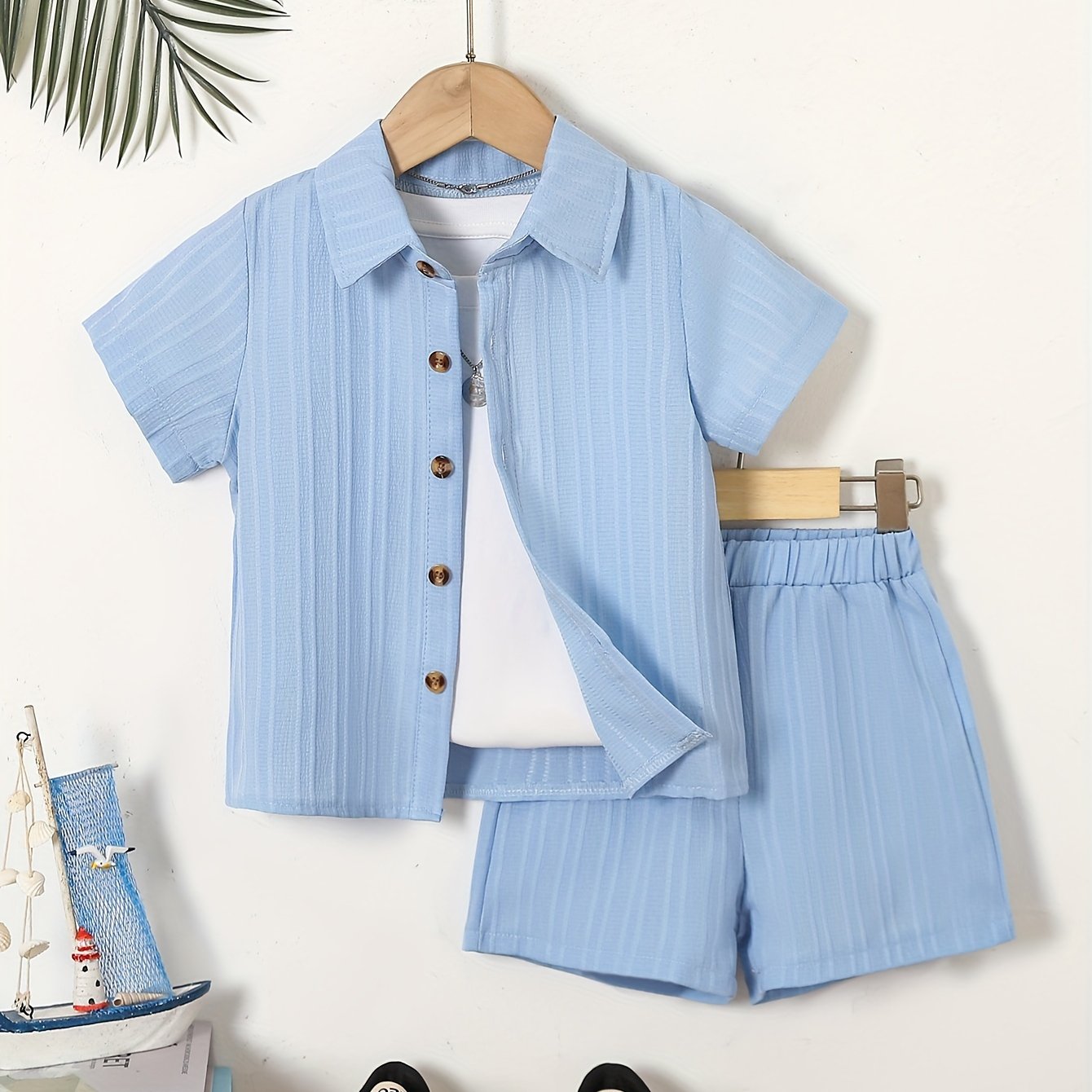 Boy's Summer Cotton Button Shirt and Shorts Set Age 12 and Under