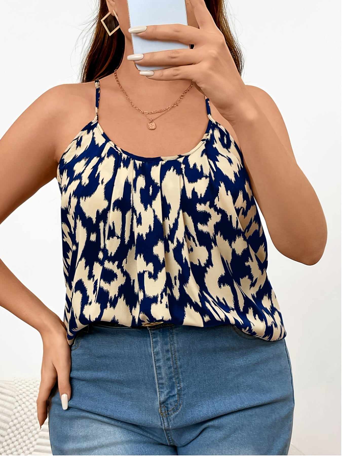Plus Size Floral Off-Shoulder Tank Top Navy Sleeveless Casual Blouse