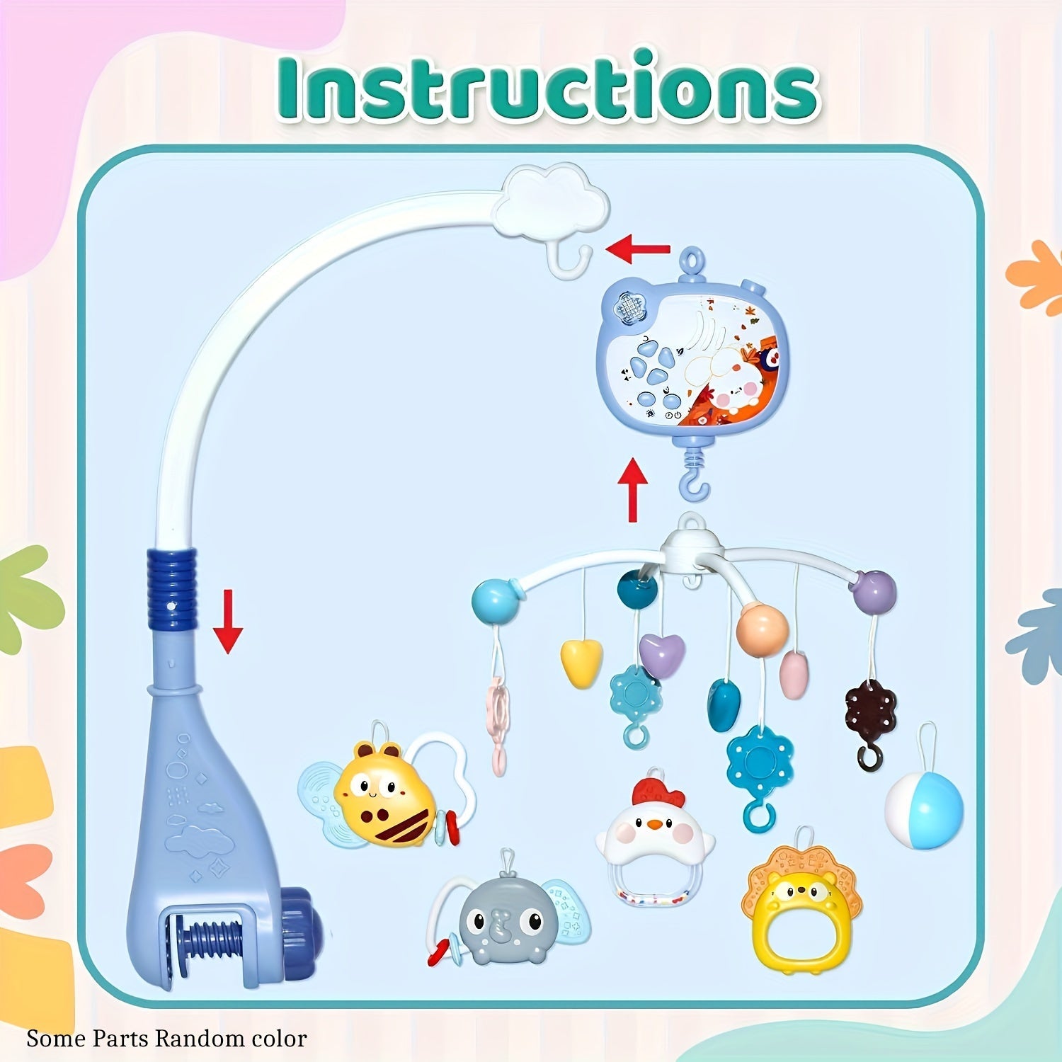 Pink Baby Crib Mobile with Music Night Lights and Remote Rotation