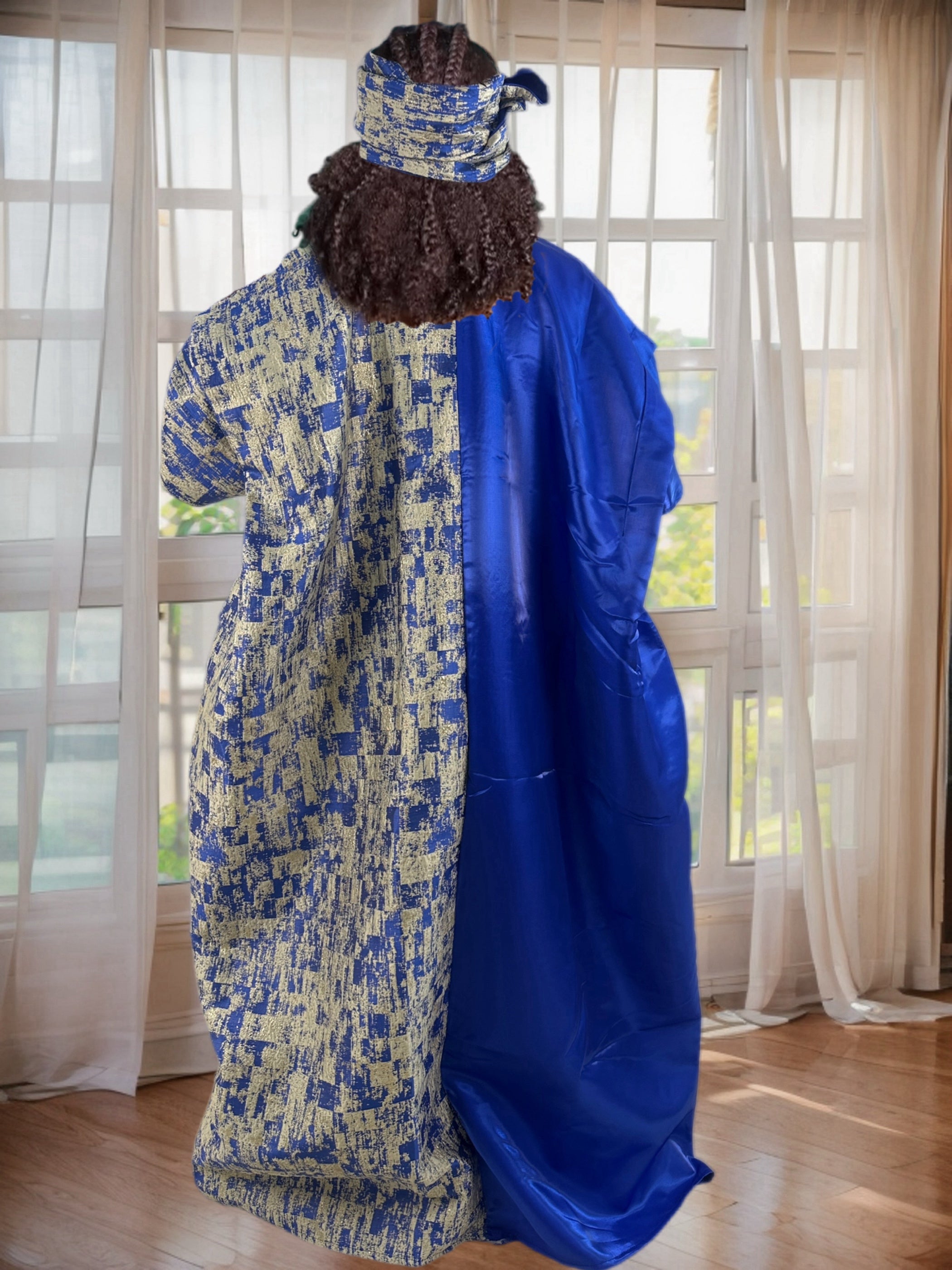 Women's Blue Gold Floral Jacquard Kaftan Dress with V-Neck Long Sleeves