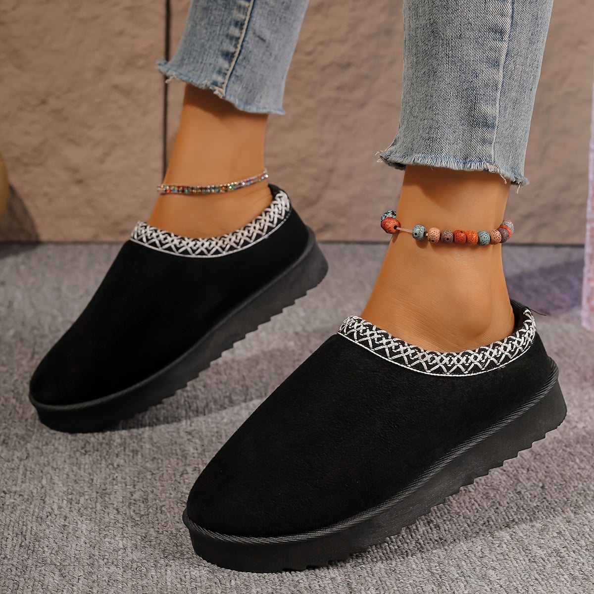 Women's Flannel Ankle Booties Casual Slip-on Round Toe Flat Heel Loafers