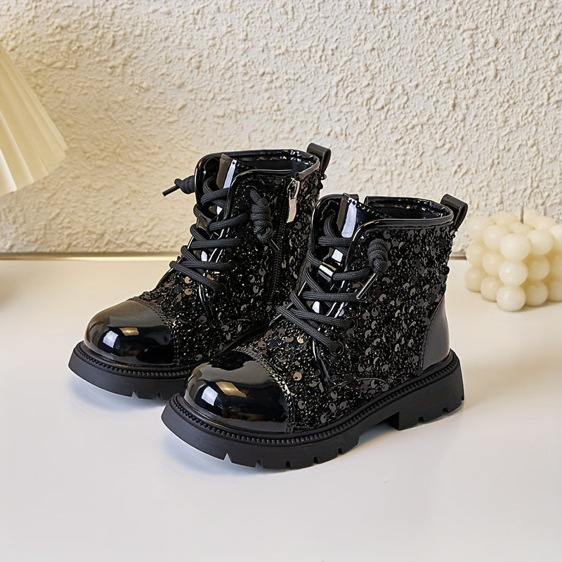 Girls Glitter Ankle Boots Fall Winter Zipper Low Top PU Rubber Sole