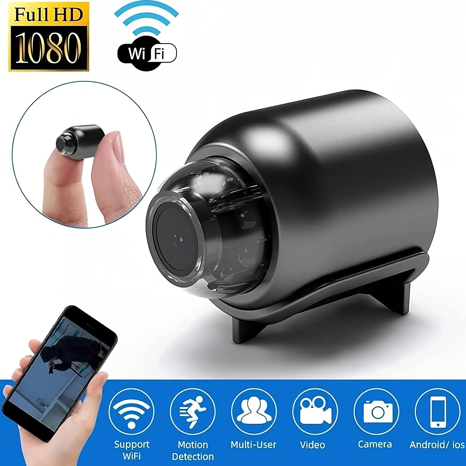 HD1080P Wireless WiFi Security Camera Black Compact Cyclic Recording USB Powered