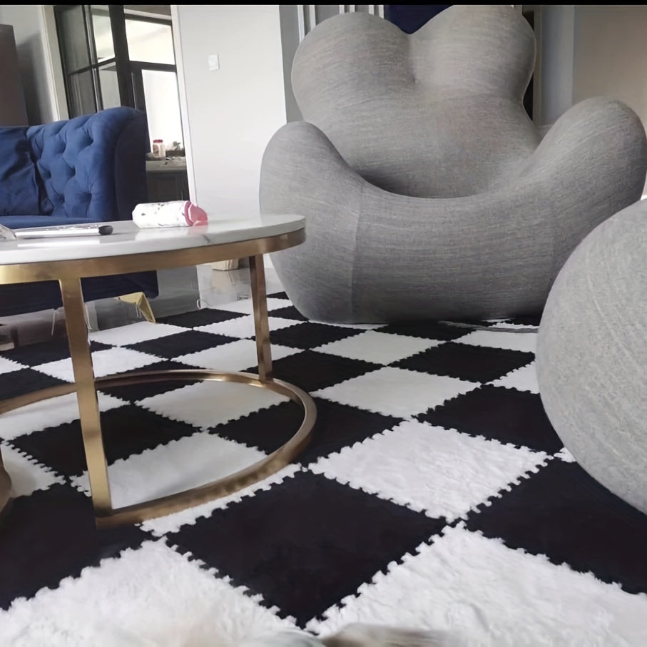 12pcs Black and White Mosaic Carpet Set Washable Plush Mats for Bedroom Living Kitchen Bathroom