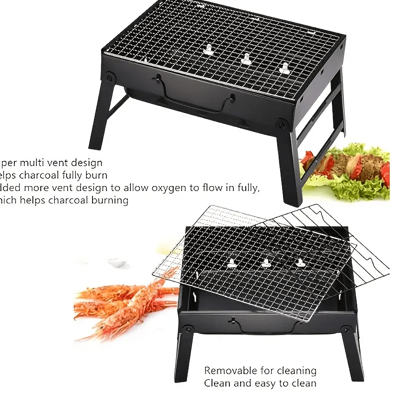 Ko‘chma, bukiladigan kulrang grill, sozlanadigan balandlik, o‘rnatilgan idish tutqichlari bilan, sayohat, pikniklar, hovli BBQ uchun kompakt, yengil dizayn. Bardoshli tashqi ovqat pishirish uchun muhim, piknik