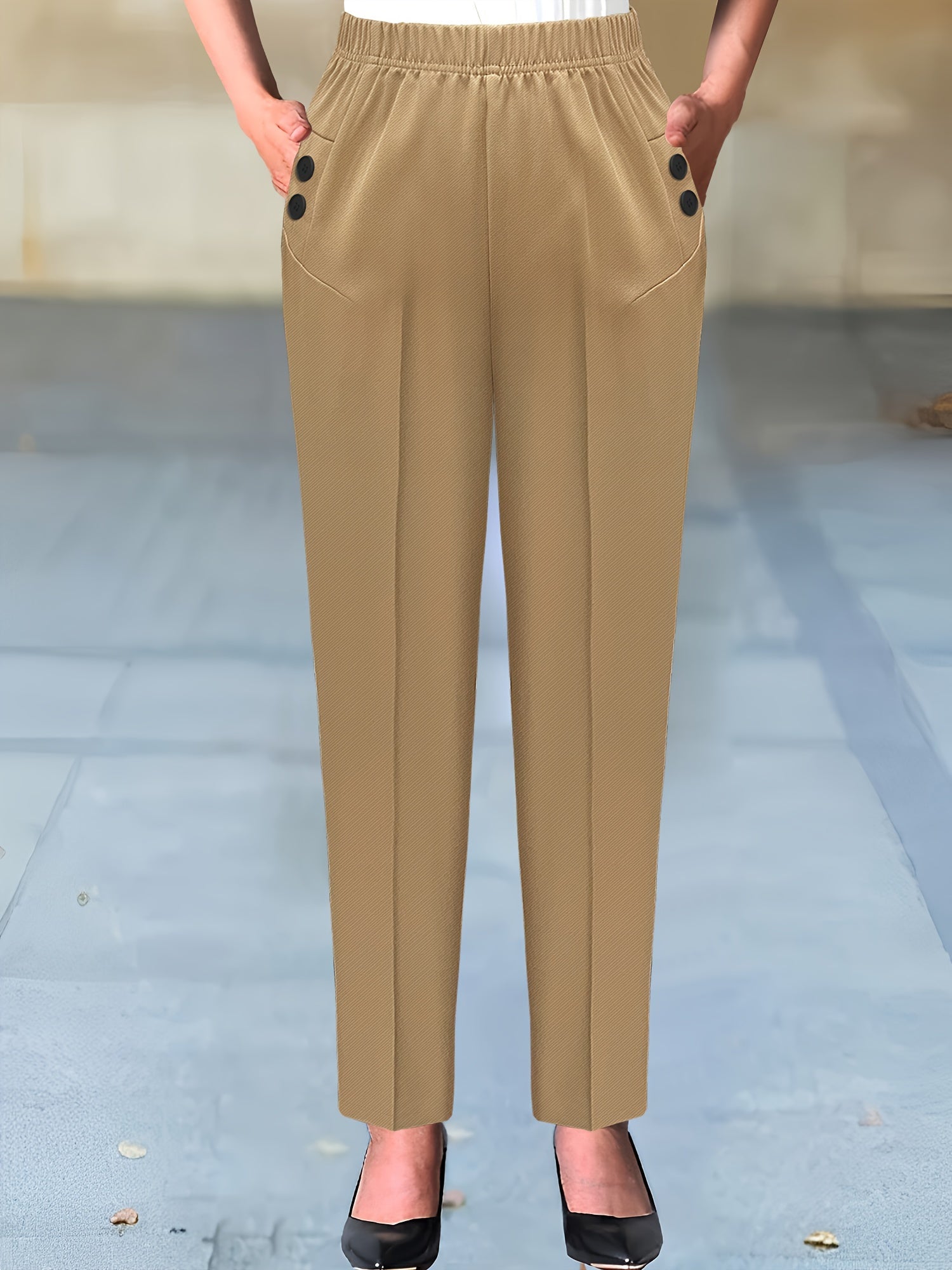 Women's Plaid Print Woven Trousers with Elastic Waist and Button Decor for Work