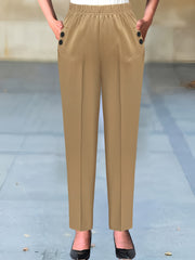 Women's Plaid Print Woven Trousers with Elastic Waist and Button Decor for Work