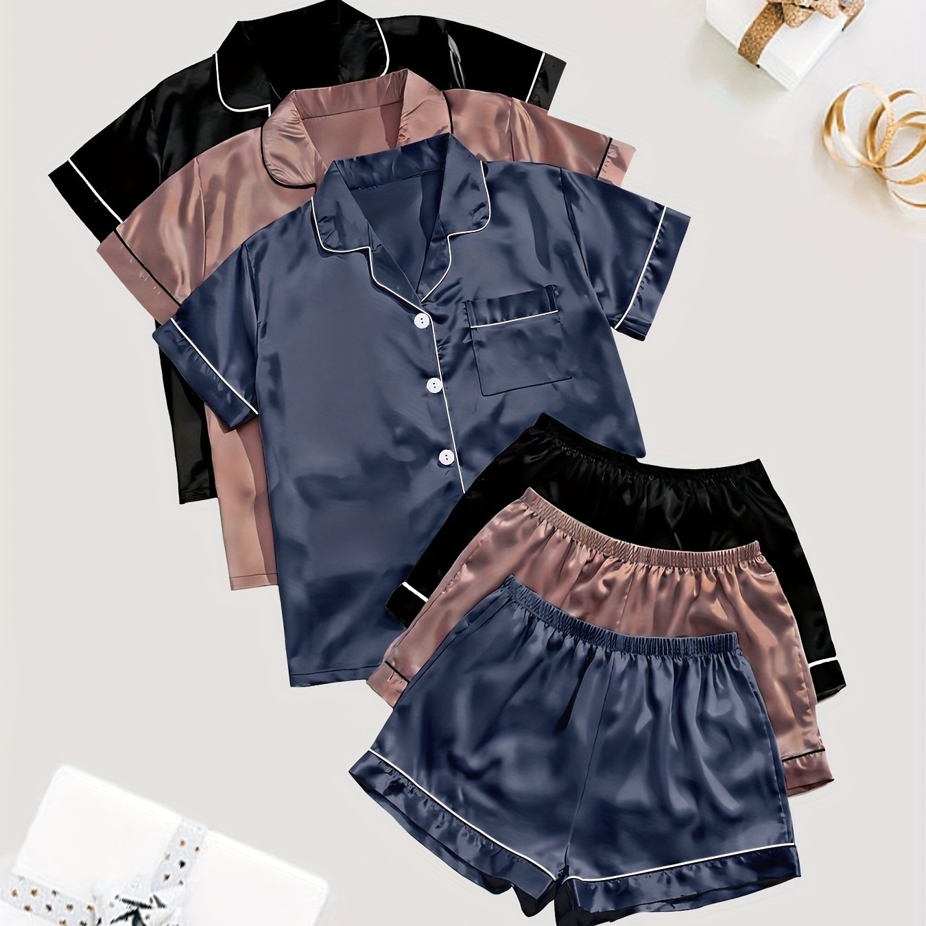 Women's Satin Sleepwear Set Short Sleeve Button Top Elastic Shorts Summer Casual