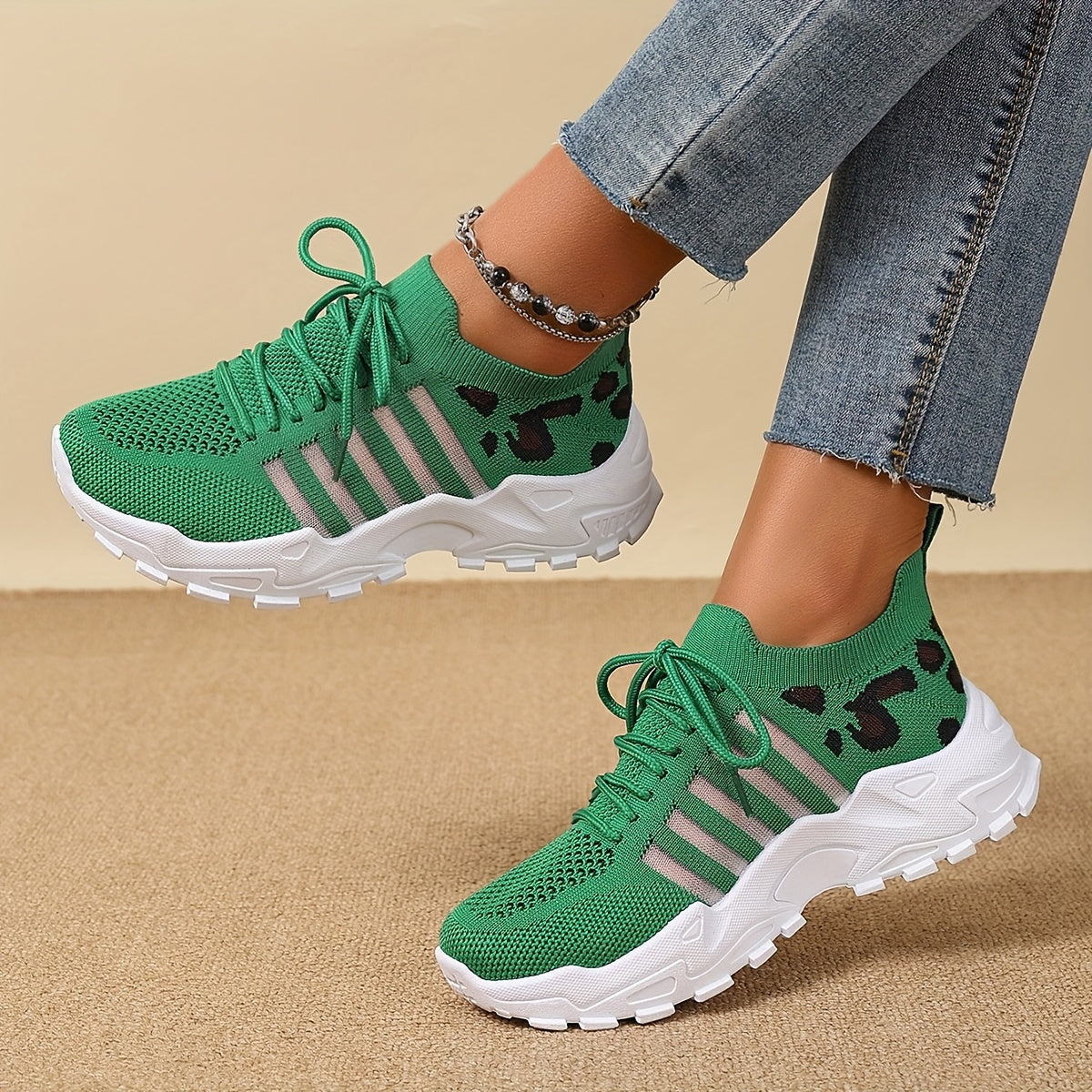 Women's Leopard Print Sneakers Breathable Mesh Low-Top Running Shoes