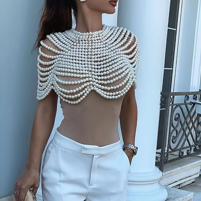 Handmade Beaded Pearl Shawl with Multi-Layer Tassel Shoulder Chain for Women