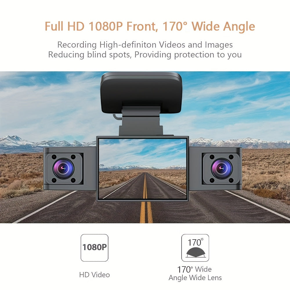 Cámara de tablero para coche de 3 canales con monitor de estacionamiento con visión nocturna 1080p DVR