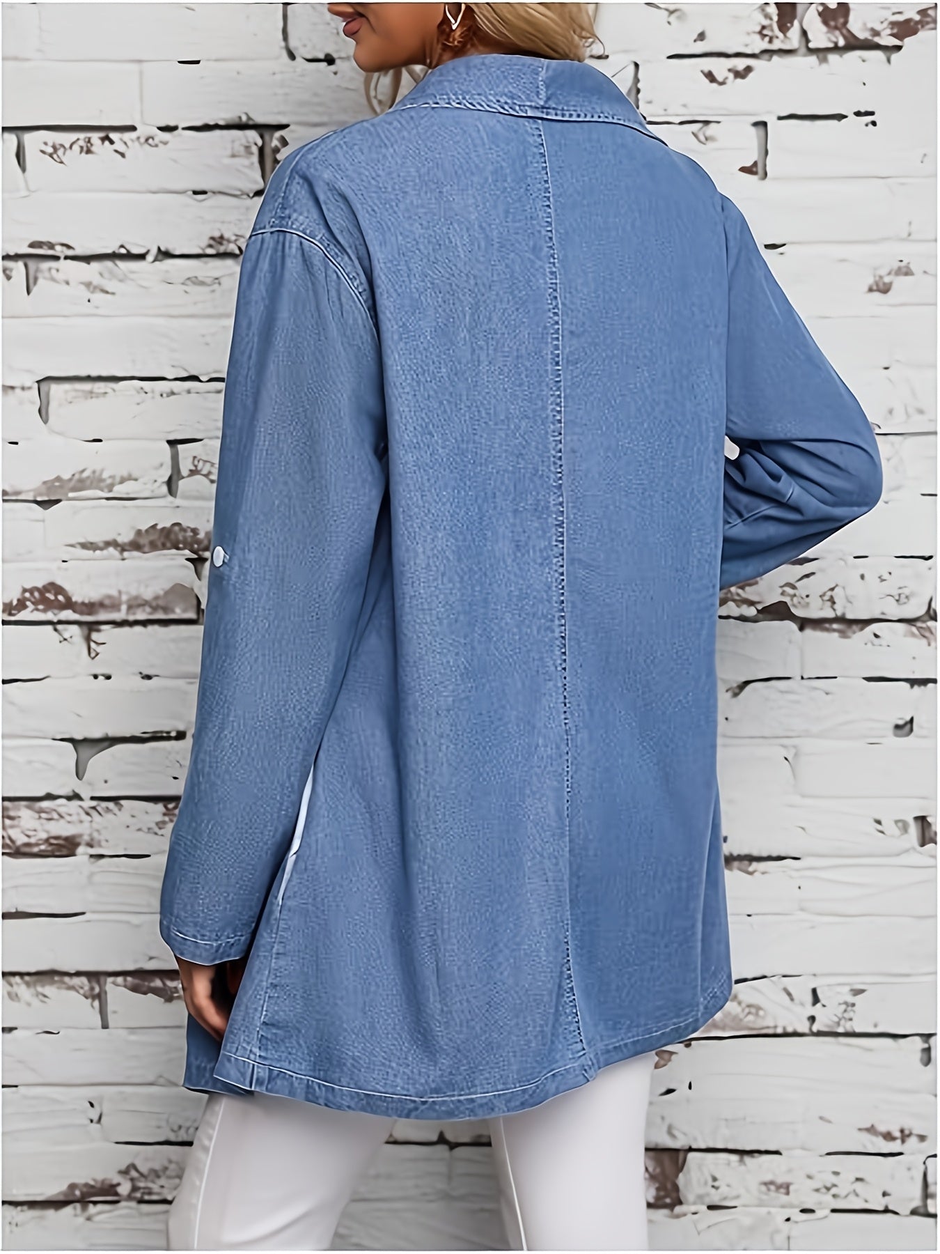 Women's Oversized Denim Jacket With Open Front Long Sleeve Washed Blue