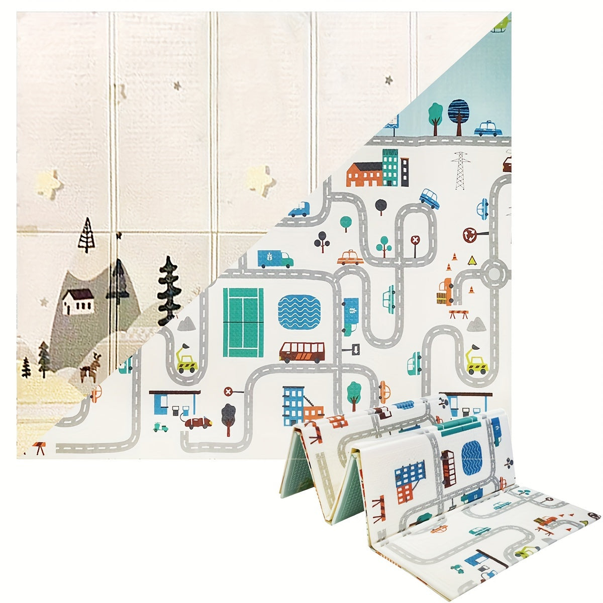 1 dona FunCity o'yin matosi, egiluvchan XPE toksik bo'lmagan, suv o'tkazmaydigan, yengil ichki va tashqi foydalanish uchun mo'ljallangan, transport yo'li dizayni bilan - 200x180x1 sm.