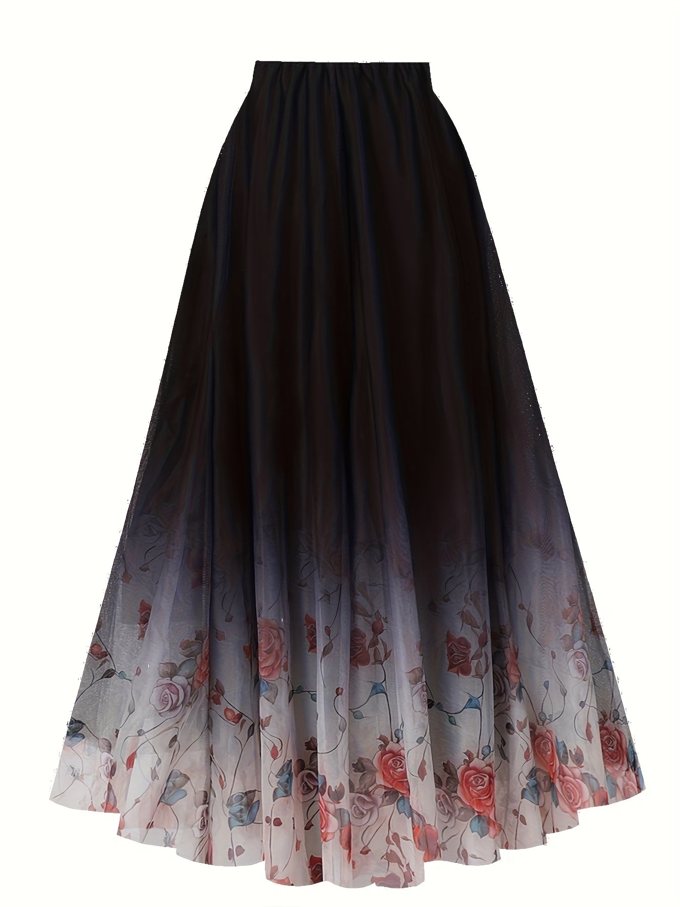 Plus Size Women's Floral Tulle Overlay A-Line Maxi Skirt Black White Elegant