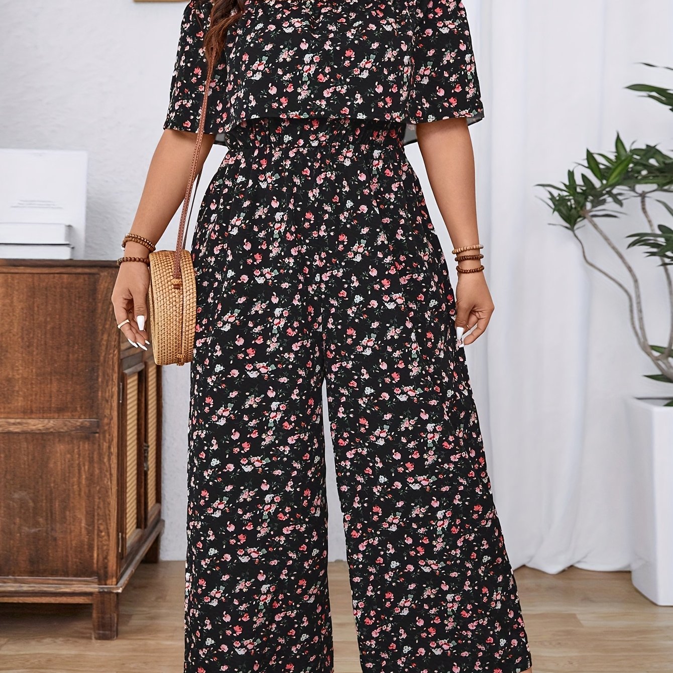 Plus Size Women’s Bohemian Floral One-Shoulder Pleated Jumpsuit