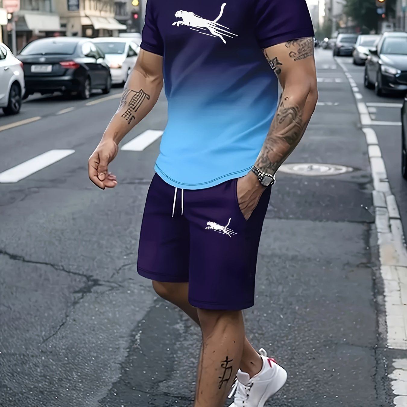 Men's Summer Casual Print Polyester Short Sleeve Sports Suit