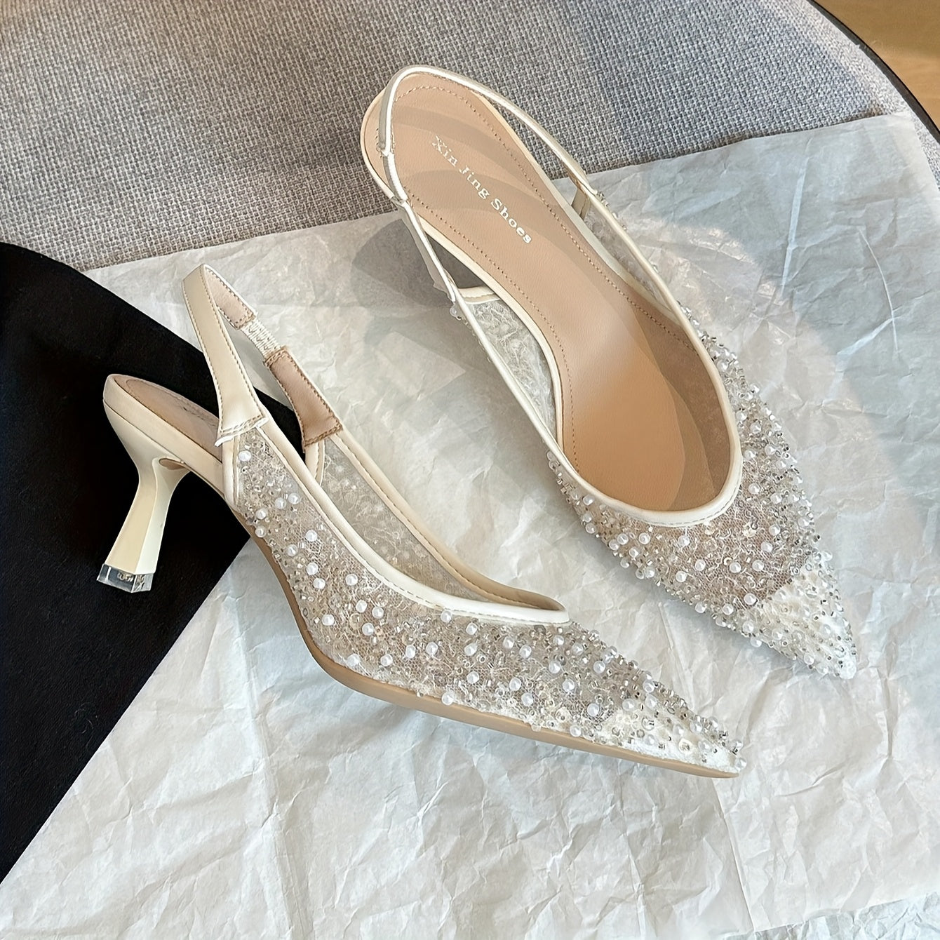 Women's Sequin Beaded Pointed Toe Stiletto Heels Pumps with Back Strap