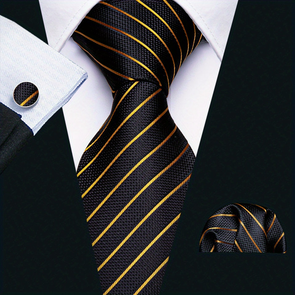 Barry.Wang Men's Business Classic Trendy Ties Hanky Cufflinks Set - Striped Neckties for Formal or Casual Wear, Perfect Gift Option