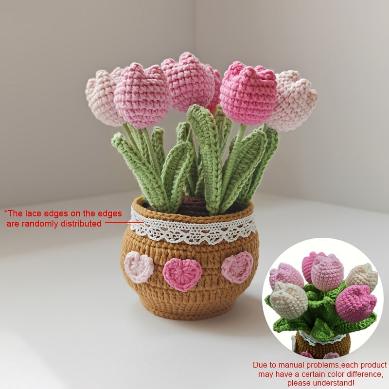 Qoʻlda tayyorlangan toʻqilgan tuliplar idishda, avtomobil paneli uchun bezak, mato gullar, bonsai